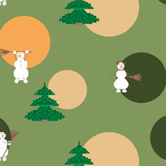 Christmas pixel pattern with snowmen and fir trees
