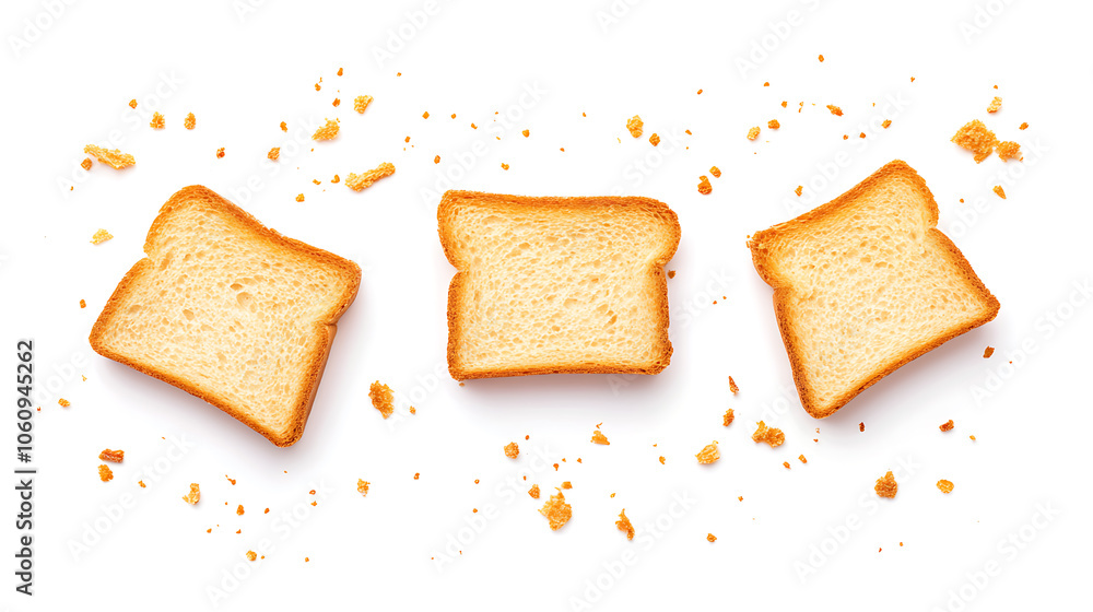 Poster sliced bread isolated on a white background, bread slices and crumbs viewed from above, top view