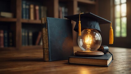 Graduation cap with a lightbulb on the book and icon learning in the classroom. Education learning concepts in school or university. Idea knowledge of innovative technology, science