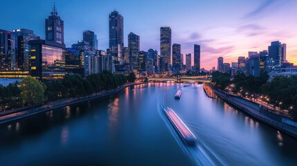 Fototapeta premium A vibrant city skyline at dusk, reflecting on the river with boats moving through.