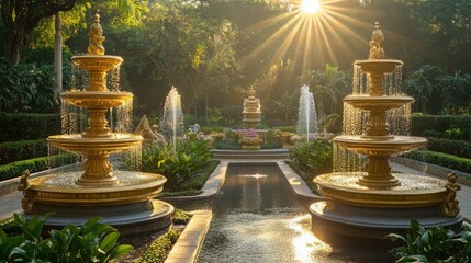 A picturesque garden adorned with golden sculptures and fountains, reflecting the sun's rays.