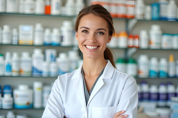 Female pharmacy technician smiling and standing in front of shelves filled with bottles