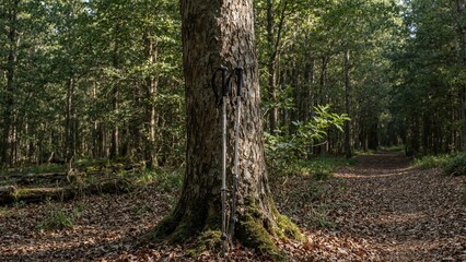 Fototapeta premium Trekking poles leaning against tree in sunlit forest trail disappearing into shadows