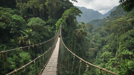 Obraz premium Backpackers crossing a suspension bridge over a lush jungle