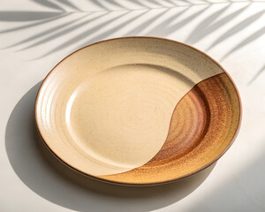 Artistic two-tone ceramic plate on a bright surface with soft shadows, tableware design concept