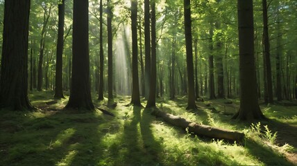 Naklejka premium Forest scene with dappled sunlight filtering through the trees