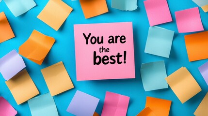A pink note with 'You are the best!' stands out against a backdrop of colorful scattered notes, offering a bright and optimistic visual statement.