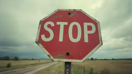 Obraz premium A Weathered Red Stop Sign Leaning Against a Vintage Backdrop on a Cloudy Day, Evoking Curiosity and Adventure