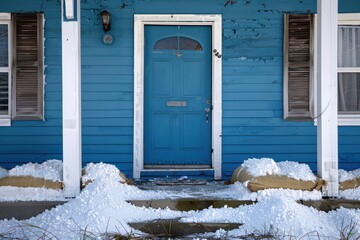 A black front door secured with sandbags for flood protection, symbolizing storm preparedness. - Powered by Adobe