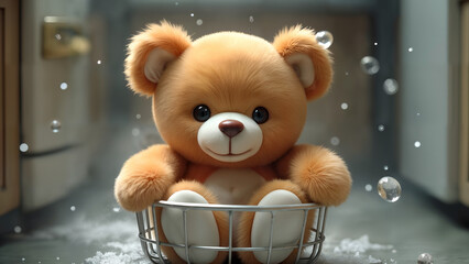 A Cuddly Teddy Bear with Soft Brown and White Fur Playfully Positioned in a Sparkling Dishwasher, Creating a Whimsical Scene