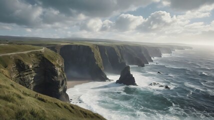 Scenic coastline with towering cliffs and crashing waves