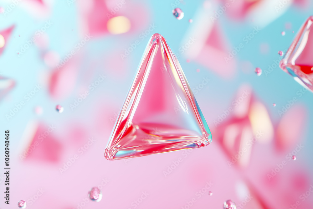 Poster translucent triangular forms drift through a vibrant, softly blurred background, creating a mesmeriz