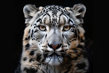 Frontal Portrait of Snow Leopard Against Black Background