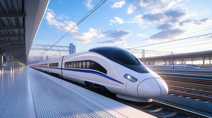 Fototapeta premium High speed train passes by the passenger station at fast velocity with the effect of movement