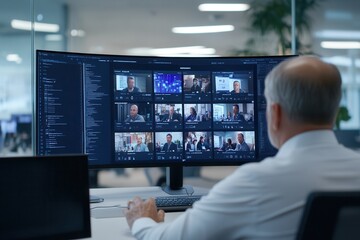 Fototapeta premium Virtual Conference Call On Multiple Computer Screen