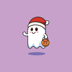 Cute ghost floating with Halloween pumpkin basket for Trick or Treat. Funny spooky boo character. Baby spook phantom with happy smiling face
