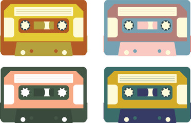 Set of illustrated colorful cassettes isolated on white