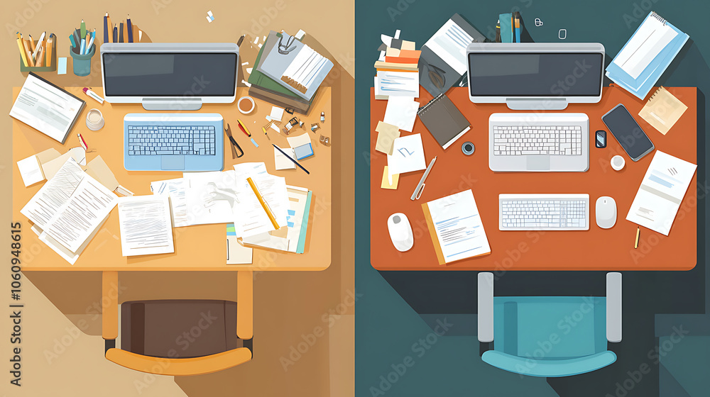 Aufkleber Top view of dirty and clean office workers desk, Working process, computer, stacks of documents and stationery tidy and messy, Office workspace, cartoon flat illustration, Vector set