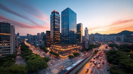 Fototapeta premium Bustling Cityscape at Dusk with Skyscrapers and Glow