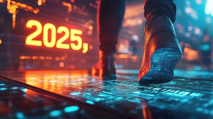 A close-up of a person's foot stepping onto a digital platform displaying the year "2025," with holographic numbers projected in the background and a bright, tech-inspired landscape