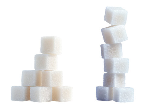 White sugar cubes stacked and leaning isolated on white background sweet ingredient sucrose glucose fructose diabetes unhealthy diet concept refined sugar sweetener confectionery baking ingredient