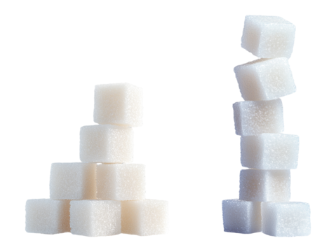 White sugar cubes stacked and leaning isolated on white background sweet ingredient sucrose glucose fructose diabetes unhealthy diet concept refined sugar sweetener confectionery baking ingredient