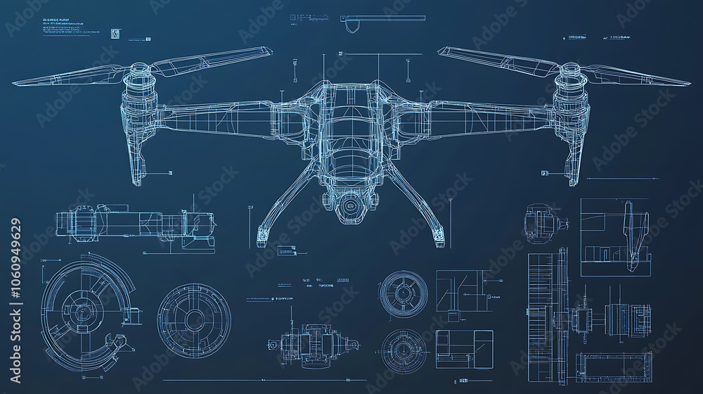 Poster Vector Quadcopter or drone line blueprint wireframe