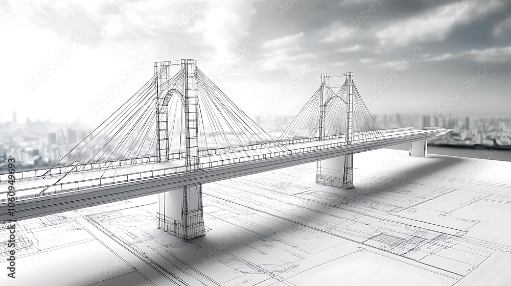 Aufkleber vision of architecture of a 3d model bridge project with blueprint