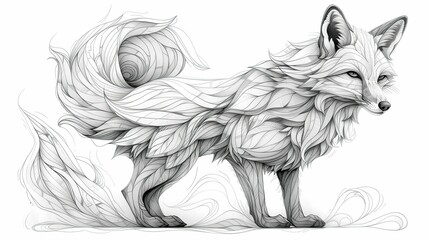 Detailed illustration of a fox with artistic swirls and delicate linework, bleeding nature and imagination in black and white tones. Captures elegance, beauty, and the mysterious charm of wildlife