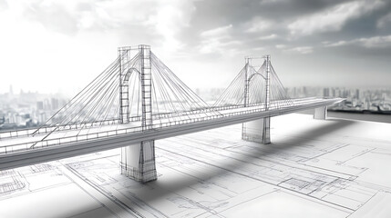 vision of architecture of a 3d model bridge project with blueprint