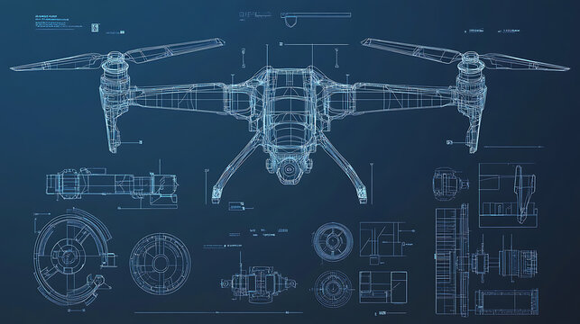 Vector Quadcopter or drone line blueprint wireframe