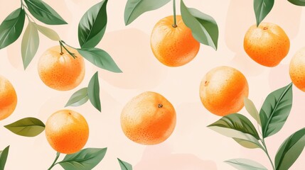 Digital illustration of orange fruits with green leaves on a light peach background