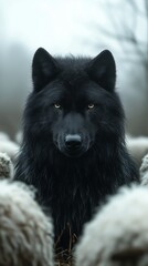 A striking black wolf stands amid a flock of sheep, creating a stark and captivating contrast in a misty setting.