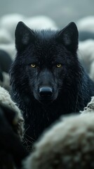 A black wolf stands ominously among sheep, creating a striking contrast and a sense of mystery in a foggy setting.