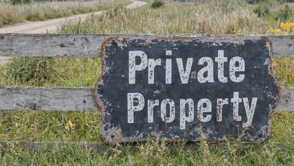 Rustic wooden fence with Private Property sign in a field