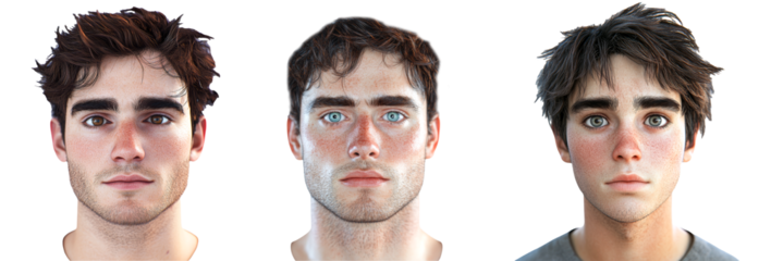 Three Headshots of a Male with Brown Hair Freckles and Varying Eye Colors Isolated on a White Background Perfect for Metaverse Avatar Creation Digital Art and Identity Representation