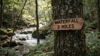 Wooden trail marker in lush forest setting Waterfall 2 Miles carved on tree