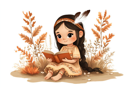 Smiling Native American girl reading a book among autumn foliage illustration
