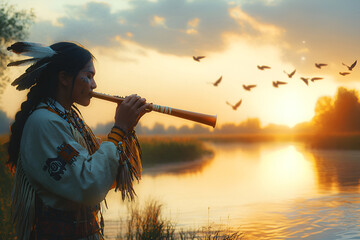 Native American man playing the flute at sunset by a peaceful river