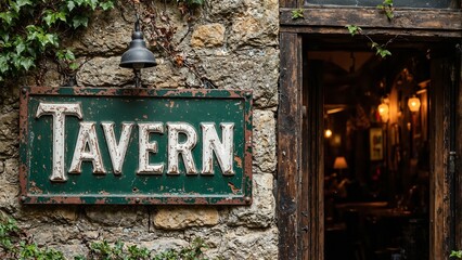 Cozy Tavern sign on stone wall with ivy leading to warm pub interior