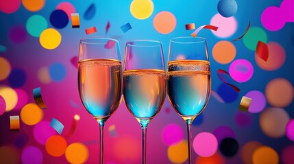 A vibrant celebration scene featuring three champagne glasses amidst colorful confetti on a bright background.