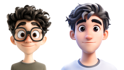 3D Cartoon Boys Characters One with Glasses and Brown Hair and Another with Gray Hair Cute and Expressive Faces Ideal for Kids Products Education and Entertainment Projects Isolated on White