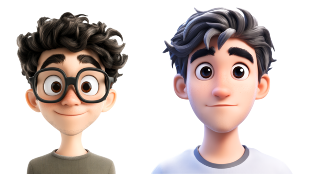 3D Cartoon Boys Characters One with Glasses and Brown Hair and Another with Gray Hair Cute and Expressive Faces Ideal for Kids Products Education and Entertainment Projects Isolated on White