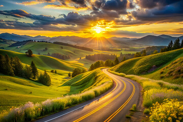A scenic landscape featuring rolling green hills, a winding road, and a vibrant sunset with dramatic clouds illuminating the sky.