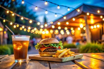 A delicious burger with fries and a drink, beautifully arranged on a wooden table under glowing lights, creating a cozy outdoor dining atmosphere.