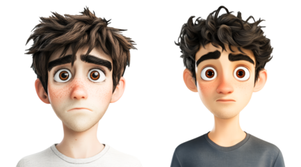3D Cartoon Character Young Man Before and After Hair Styling with Sad Expression Isolated on White Background Digital Art Illustration Ideal for Beauty and Hair Care Concepts