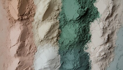 Rows of natural, earthy colored powders arranged on a flat surface, showcasing diverse textures and...