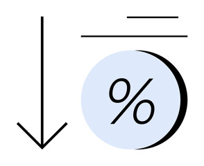 Downward arrow beside a circle with percentage symbol, two horizontal lines above the circle. Ideal for finance, economics, sales, performance, statistics, metrics, business. Line metaphor