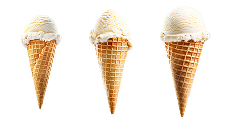 Set of vanilla ice cream scoops in waffle cones isolated on white background different sizes ice cream balls in waffle cone frozen dessert sweet food summer coolness refreshment creamy treat cold