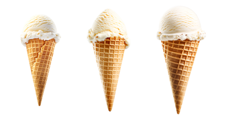 Set of vanilla ice cream scoops in waffle cones isolated on white background different sizes ice cream balls in waffle cone frozen dessert sweet food summer coolness refreshment creamy treat cold